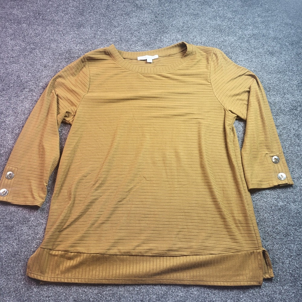Green Envelope Los Angeles Mustard Yellow Ribbed 3/4 Sleeve Top Small Made in US